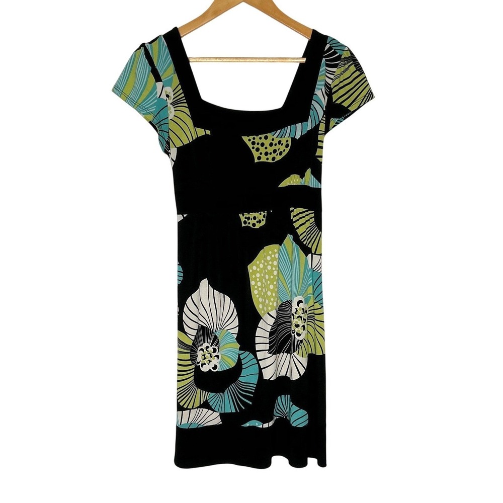 Y2K Mod Floral Square Neck Dress M Black Green Babydoll Stretch Whimsigoth Indie